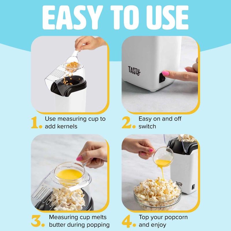 Tasty Hot Air Popcorn Popper, Healthy and Delicious Popcorn in Minutes, Fast and Easy-to-Use, Built-In Measuring Cup and Butter Warmer, 8 Cups, White - Image 3
