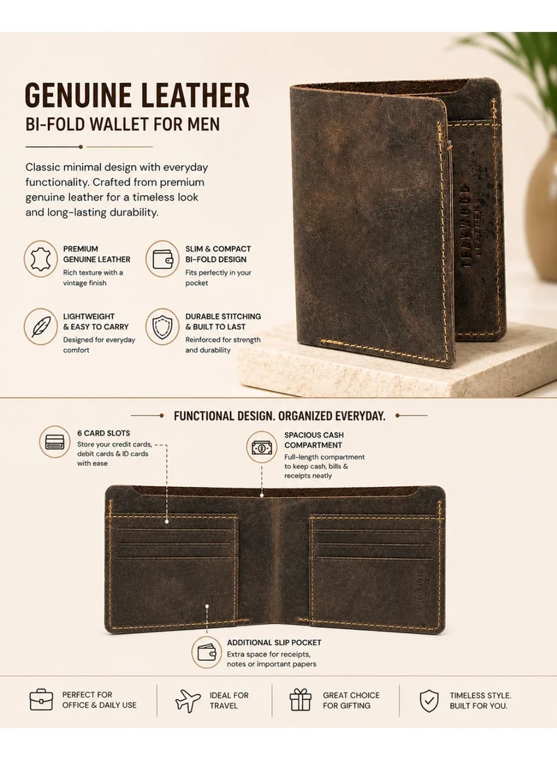 TEAKWOOD Teakwood Genuine Leather Bi-Fold Wallet for Men | Brown Slim Wallet | 6 Card Slots | Classic Minimal Design | Lightweight Durable Build | Premium Wallet for Daily Use & Travel