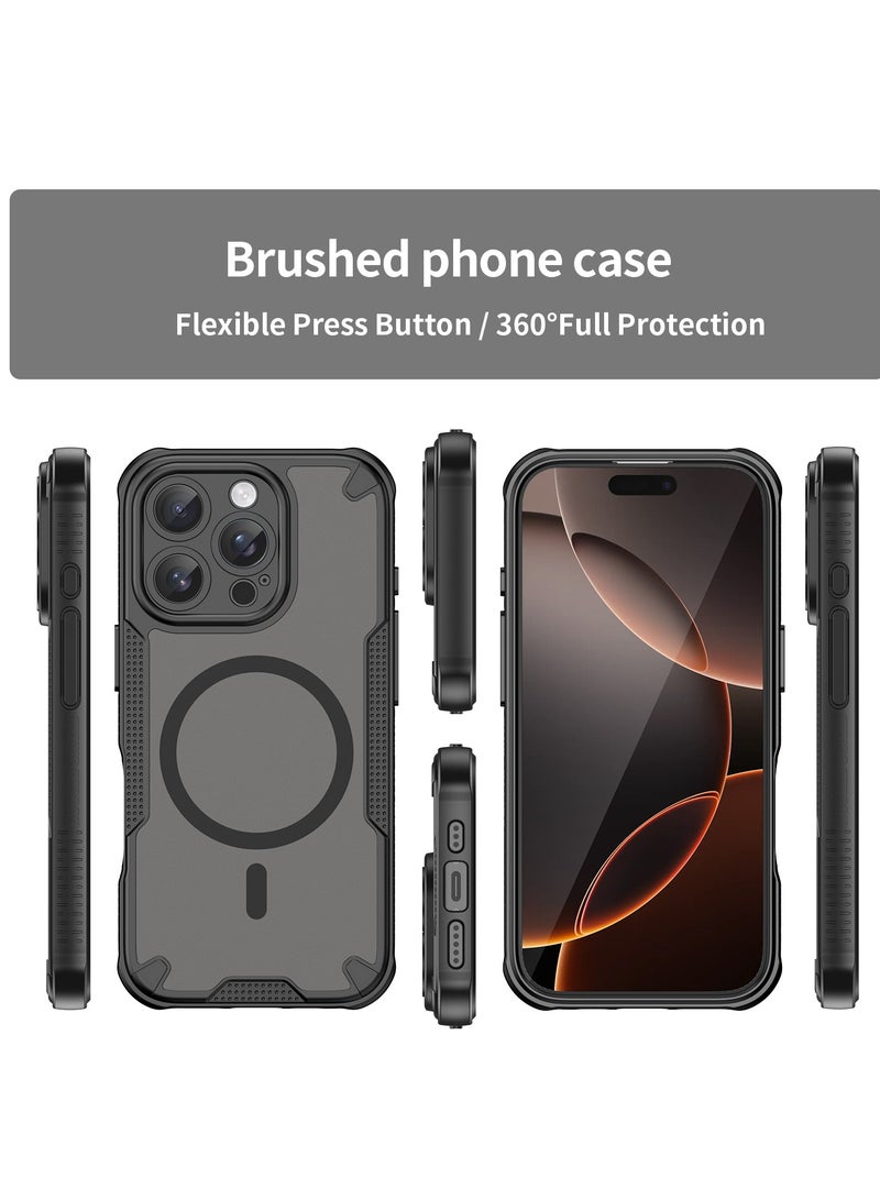 Magnetic Case Cover for iPhone 16 Pro 5G, Armor of Brushed Comfortable Oil Waterproof TPU+PC Soft Semi-translucentmatte Feel Cell Phone Protective Back Case for iPhone 16 Pro 5G, Black - Image 2