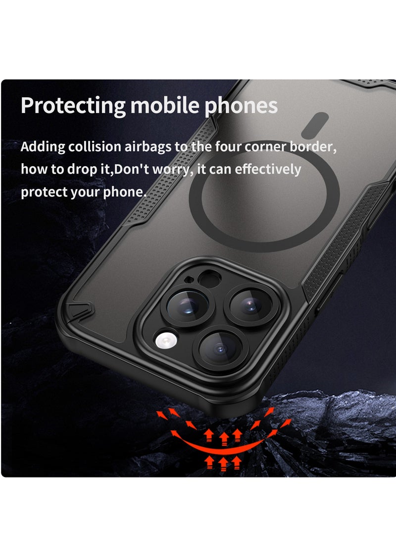 Magnetic Case Cover for iPhone 16 Pro 5G, Armor of Brushed Comfortable Oil Waterproof TPU+PC Soft Semi-translucentmatte Feel Cell Phone Protective Back Case for iPhone 16 Pro 5G, Black - Image 3