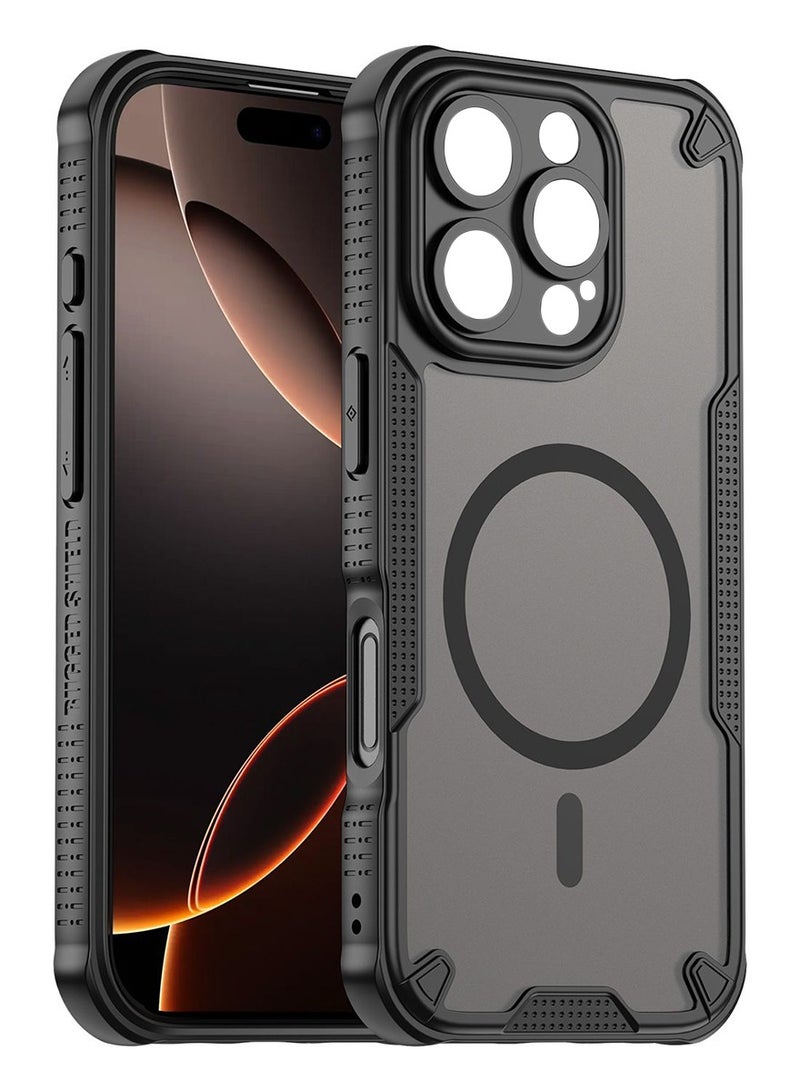 Magnetic Case Cover for iPhone 16 Pro 5G, Armor of Brushed Comfortable Oil Waterproof TPU+PC Soft Semi-translucentmatte Feel Cell Phone Protective Back Case for iPhone 16 Pro 5G, Black - Image 1