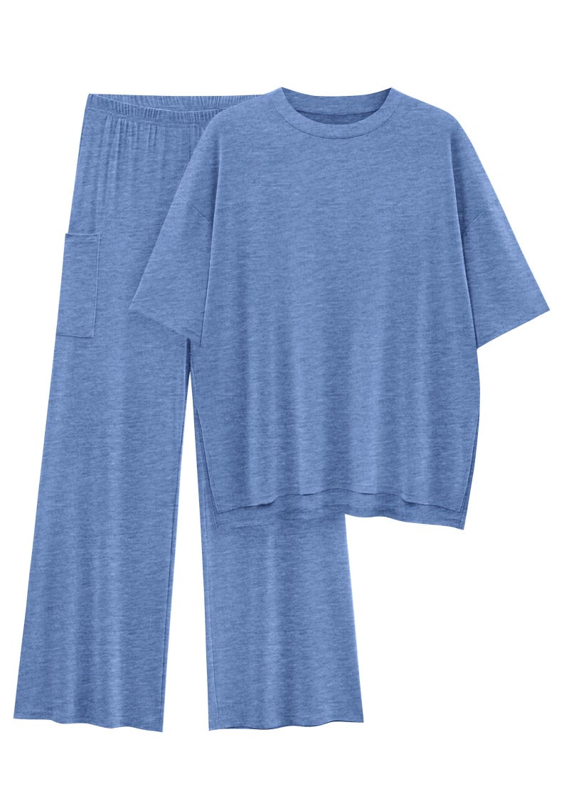 KIRUNDO Womens 2 Piece Outfits 2026 Summer Casual Loose Short Sleeve Pullover Tops & Wide Leg Pants Lounge Sets Tracksuit(Dusty Blue, Large) - Image 1