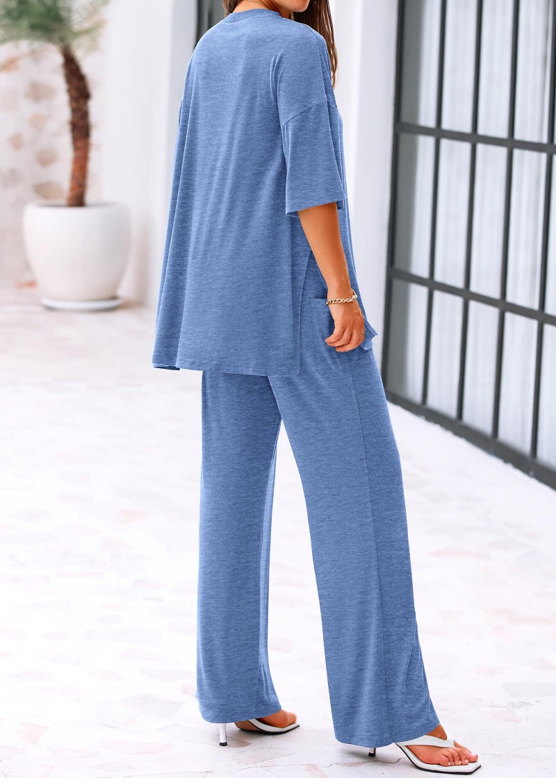 KIRUNDO Womens 2 Piece Outfits 2026 Summer Casual Loose Short Sleeve Pullover Tops & Wide Leg Pants Lounge Sets Tracksuit(Dusty Blue, Large) - Image 2