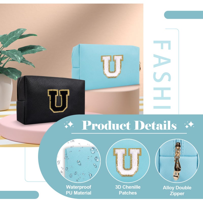ChaoGreat Small Personalized Initial A-Z Preppy Patch Makeup Bag,PU Chenille Letter Travel Cosmetic Pouch with Zipper,Blue Cute Toiletry Bag,Gift Ideal for Teen Girls Women Teacher Bridesmaid,Letter U - Image 3