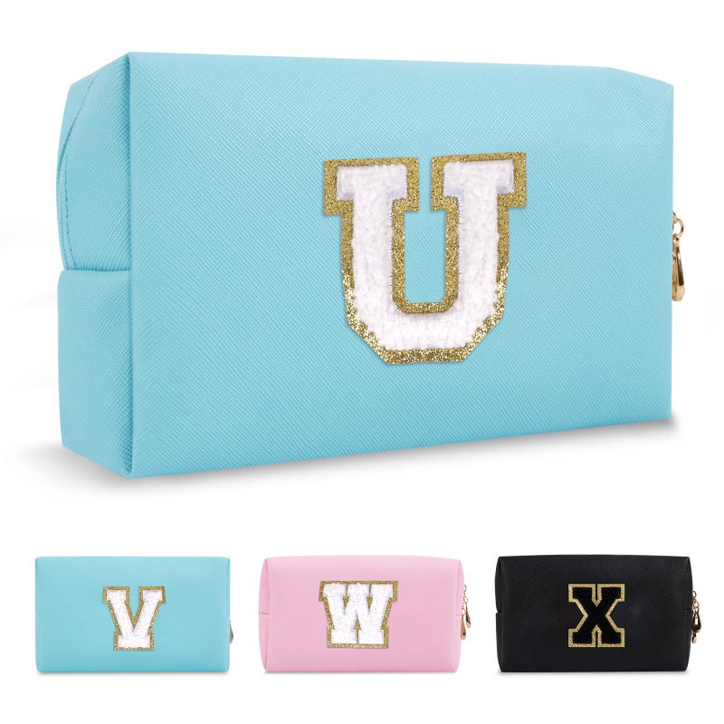 ChaoGreat Small Personalized Initial A-Z Preppy Patch Makeup Bag,PU Chenille Letter Travel Cosmetic Pouch with Zipper,Blue Cute Toiletry Bag,Gift Ideal for Teen Girls Women Teacher Bridesmaid,Letter U - Image 1