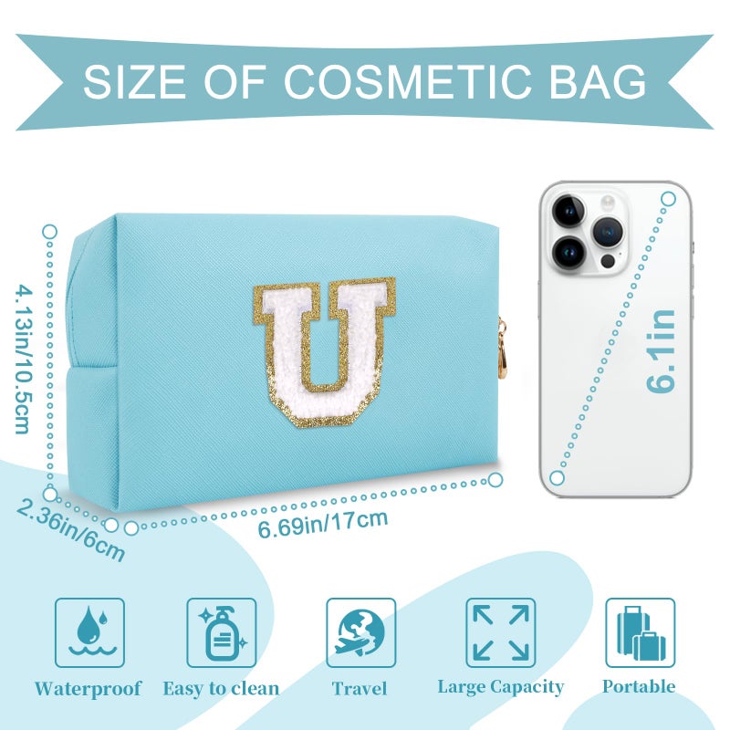 ChaoGreat Small Personalized Initial A-Z Preppy Patch Makeup Bag,PU Chenille Letter Travel Cosmetic Pouch with Zipper,Blue Cute Toiletry Bag,Gift Ideal for Teen Girls Women Teacher Bridesmaid,Letter U - Image 2