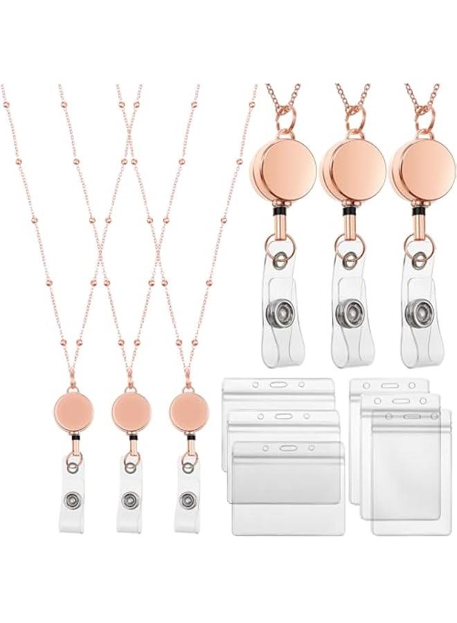 Arabest Rose Gold Retractable Badge Reel Lanyard Set: 3 Beaded Necklace ID Holders and 6 Waterproof Name Card Holders  - Image 1