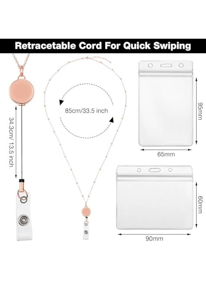 Arabest Rose Gold Retractable Badge Reel Lanyard Set: 3 Beaded Necklace ID Holders and 6 Waterproof Name Card Holders  - Image 2