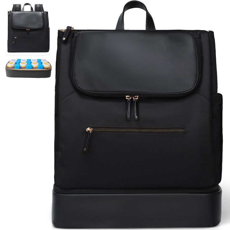 MOMINSIDE Diaper Bag Backpack - Large Baby Diaper Bag with 14 Pocket, Leather & Nylon Travel Diaper Backpack for Mom, Breast Pump Bag, Removable Cooler Compartment, Double Layer, Black - Image 1