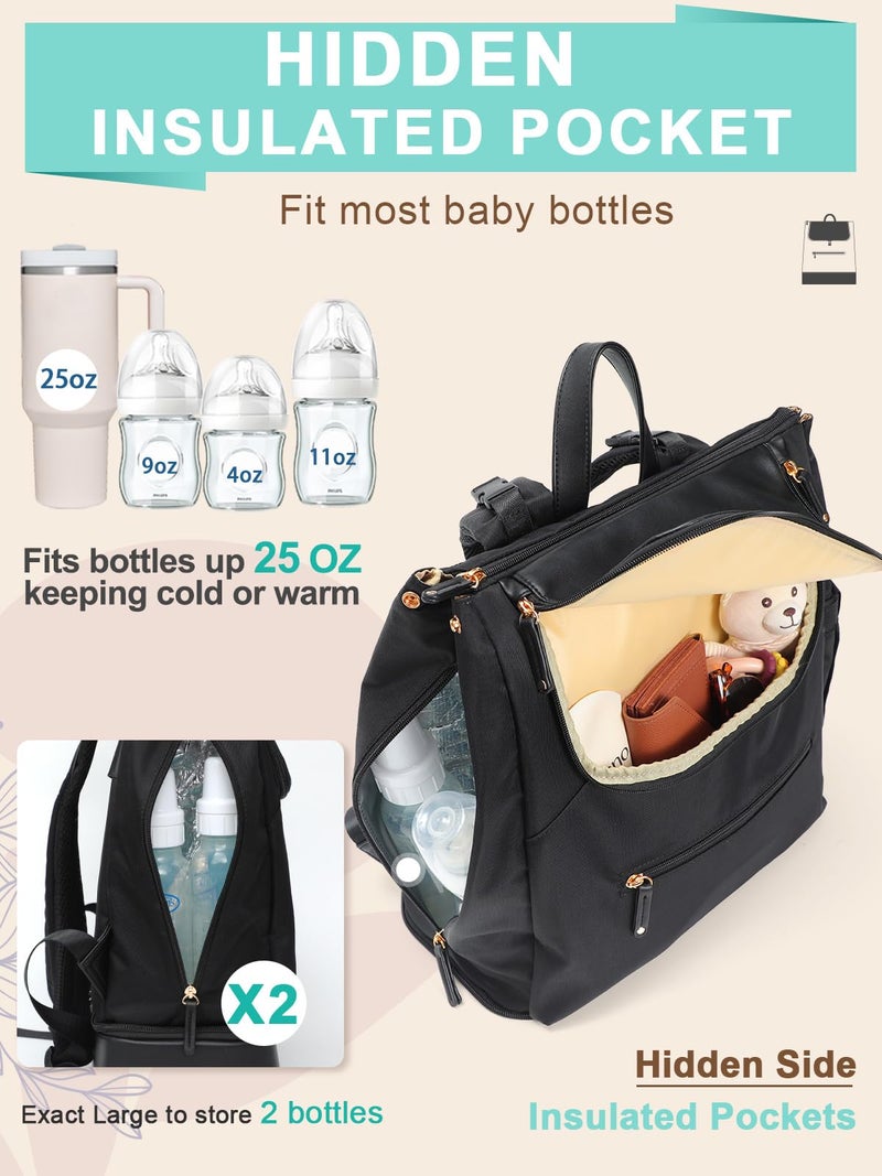 MOMINSIDE Diaper Bag Backpack - Large Baby Diaper Bag with 14 Pocket, Leather & Nylon Travel Diaper Backpack for Mom, Breast Pump Bag, Removable Cooler Compartment, Double Layer, Black - Image 4