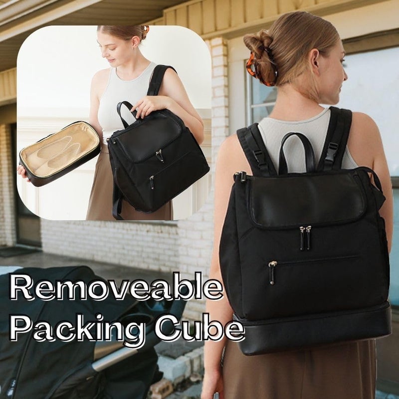 MOMINSIDE Diaper Bag Backpack - Large Baby Diaper Bag with 14 Pocket, Leather & Nylon Travel Diaper Backpack for Mom, Breast Pump Bag, Removable Cooler Compartment, Double Layer, Black - Image 2