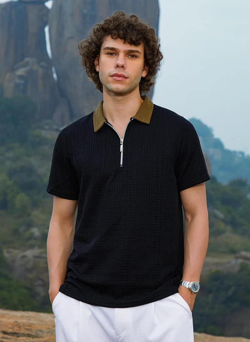 Campus Sutra Campus Sutra Men's Midnight Black Oblique-Block Polo T-Shirt For Casual Wear | Polo Neck | Short Regular Sleeves | Half-Zip Closure | T-Shirt Crafted With Comfort Fit For Everyday Wear