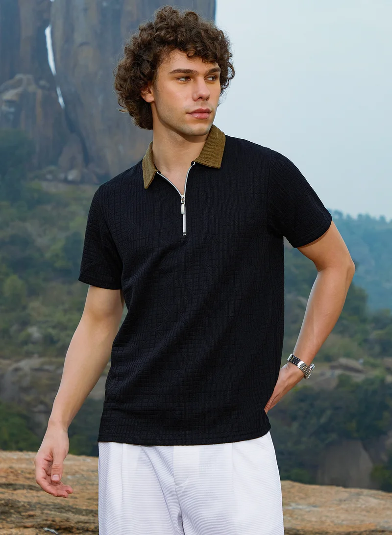 Campus Sutra Campus Sutra Men's Midnight Black Oblique-Block Polo T-Shirt For Casual Wear | Polo Neck | Short Regular Sleeves | Half-Zip Closure | T-Shirt Crafted With Comfort Fit For Everyday Wear