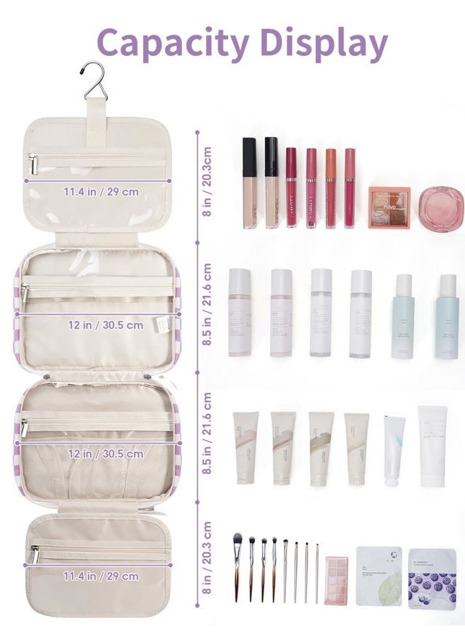 Narwey Large Hanging Toiletry Bag Travel Makeup Bag Cosmetic Organizer for Women and Girls, Z-purple Checkerboard, Large, Large - Image 5