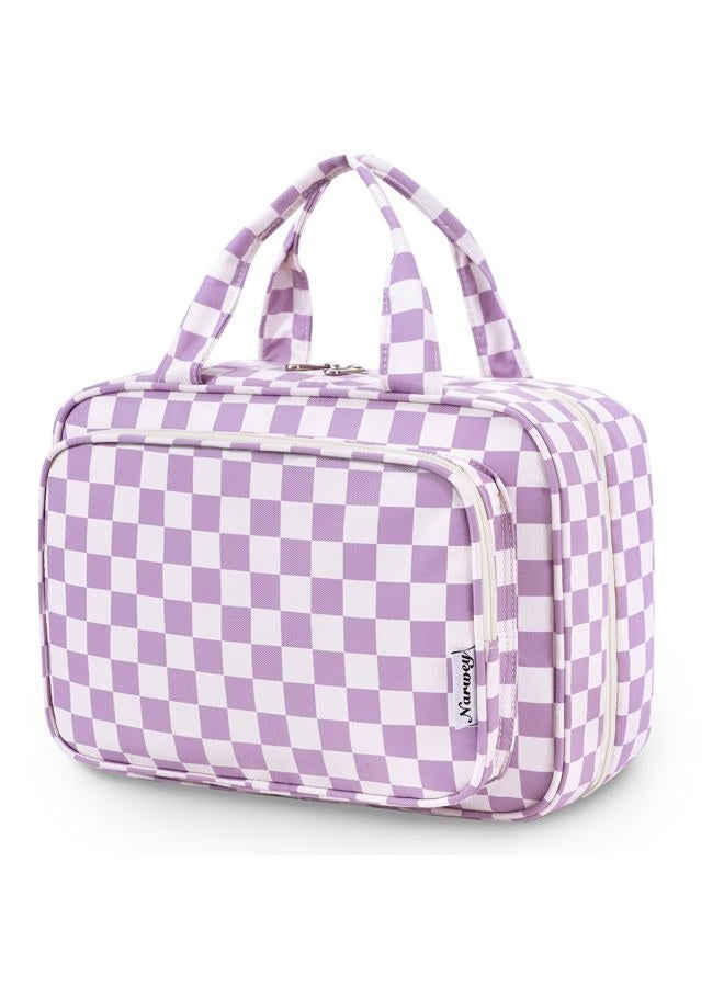 Narwey Large Hanging Toiletry Bag Travel Makeup Bag Cosmetic Organizer for Women and Girls, Z-purple Checkerboard, Large, Large - Image 1