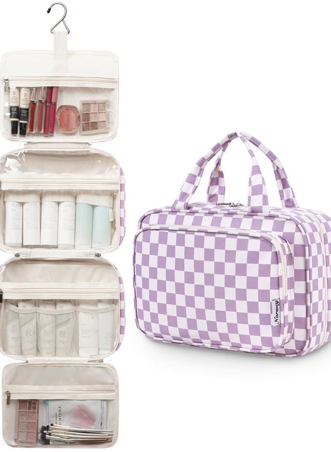 Narwey Large Hanging Toiletry Bag Travel Makeup Bag Cosmetic Organizer for Women and Girls, Z-purple Checkerboard, Large, Large - Image 4