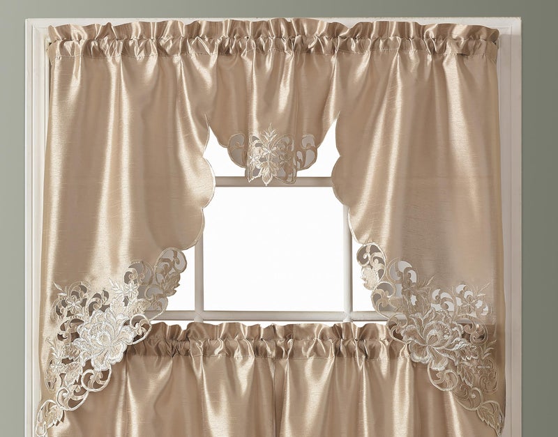 GOHD Golden Ocean Home Decor GOHD Passionate Bloom Kitchen Curtain Swag Valance and Tier Set Nice Embroidery on Faux Silk Fabric with cutworks Mocha