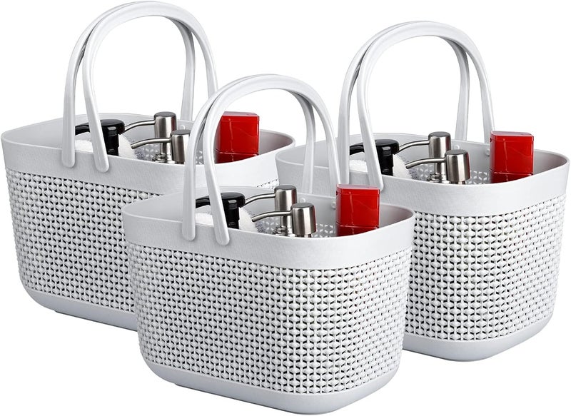 UUJOLY Plastic Organizer Storage Baskets with Handles, Shower Caddy Bins Organizer for Bathroom and kitchen (3 Pack, Grey) - Image 1