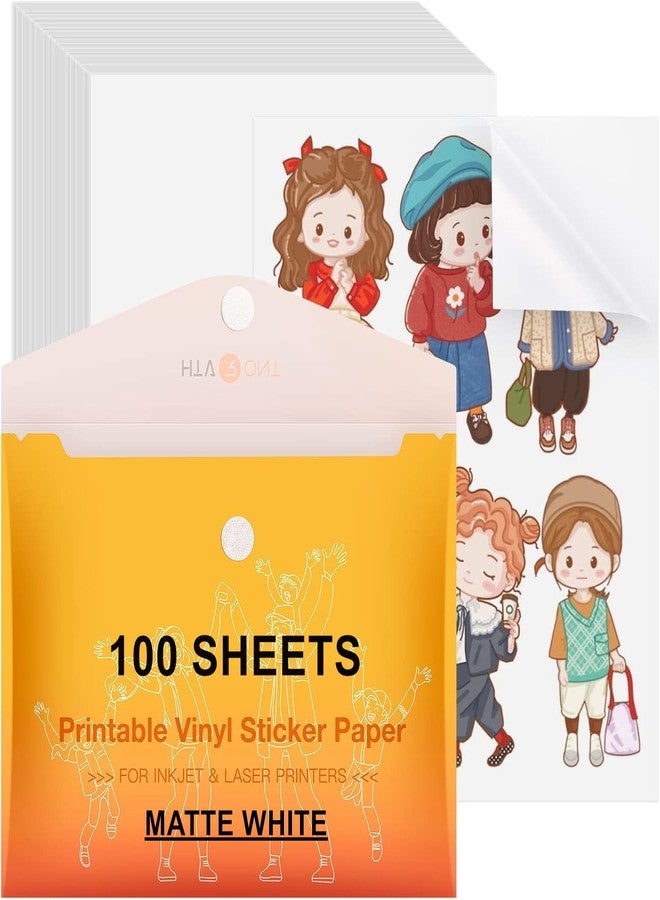 HTVRONT Printable Vinyl Sticker Paper, 100 Sheets Matte Waterproof Sticker Paper For Inkjet Printer & Laser Printer, Dries Quickly-Standard Letter Size 8.5"X11" - Image 1