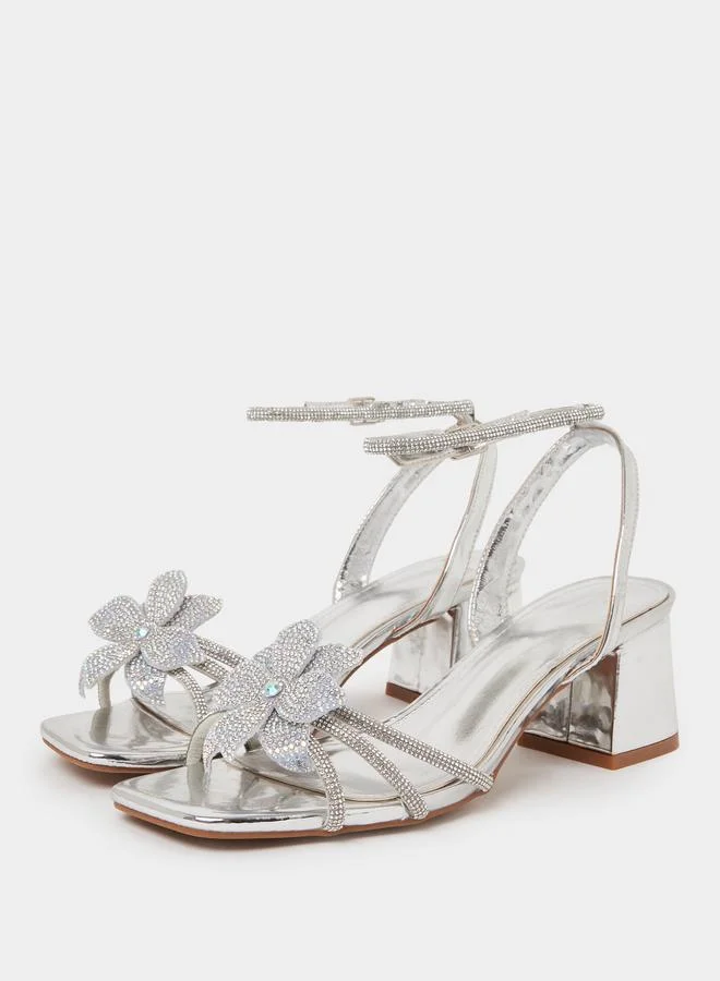 Styli Silver Flower Trim Block Heel Sandals