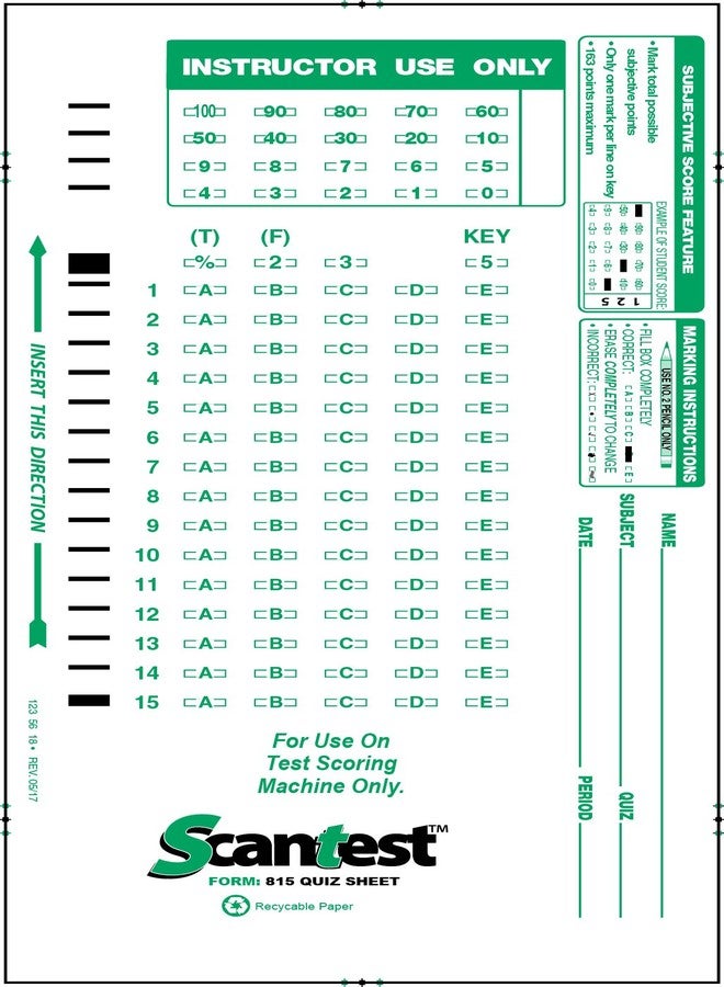 SCANTEST-815 Quiz sheet, 815-E Compatible Test Forms (500/pkg) - Image 2