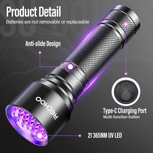 RECHOO UV Flashlight Black Light, 21 LED 395nm Ultraviolet Rechargeable Flashlights UV Light, Waterproof Portable BlackLight Flashlights for Pet Urine Detection, Dry Stains, Bed Bug, Fluorescent Agent - Image 4