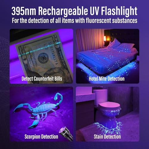 RECHOO UV Flashlight Black Light, 21 LED 395nm Ultraviolet Rechargeable Flashlights UV Light, Waterproof Portable BlackLight Flashlights for Pet Urine Detection, Dry Stains, Bed Bug, Fluorescent Agent - Image 5