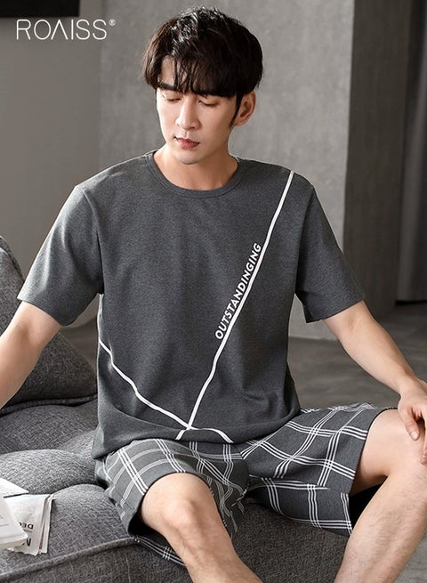 Men's Casual Shorts Pyjamas Sets Lattice Elastic Waist Short Pajama for Men Cotton Sleepwear Round Neck T-Shirt Classic Pjs Sets Nightwear for Men with Pocket