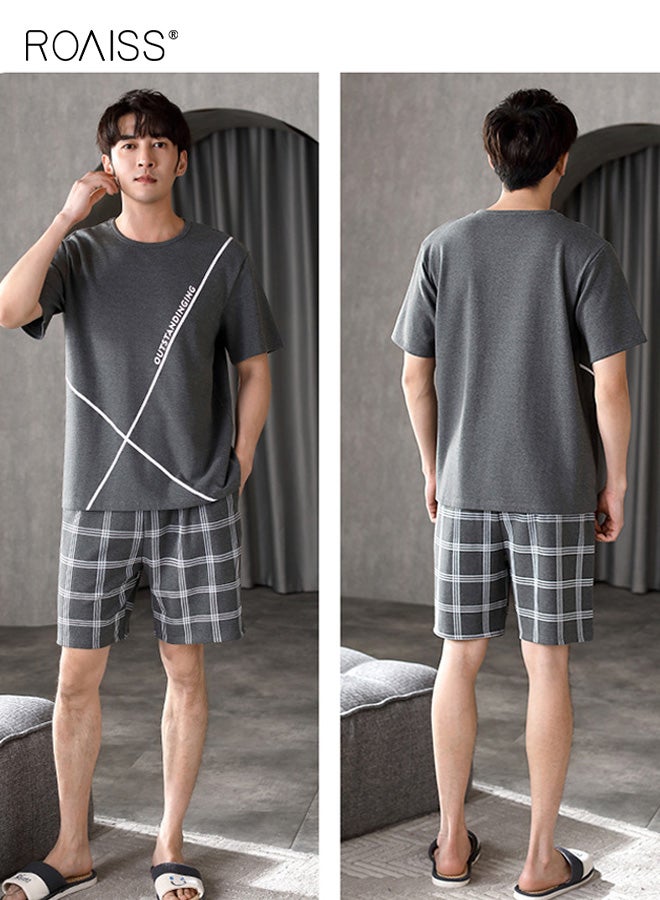 roaiss Men's Casual Shorts Pyjamas Sets Lattice Elastic Waist Short Pajama for Men Cotton Sleepwear Round Neck T-Shirt Classic Pjs Sets Nightwear for Men with Pocket - Image 2