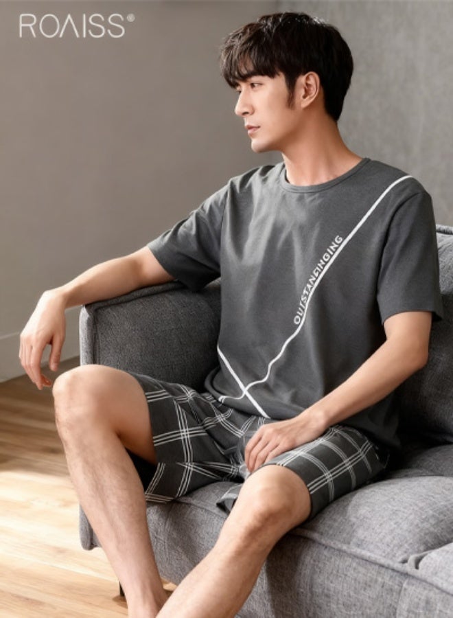 roaiss Men's Casual Shorts Pyjamas Sets Lattice Elastic Waist Short Pajama for Men Cotton Sleepwear Round Neck T-Shirt Classic Pjs Sets Nightwear for Men with Pocket - Image 5