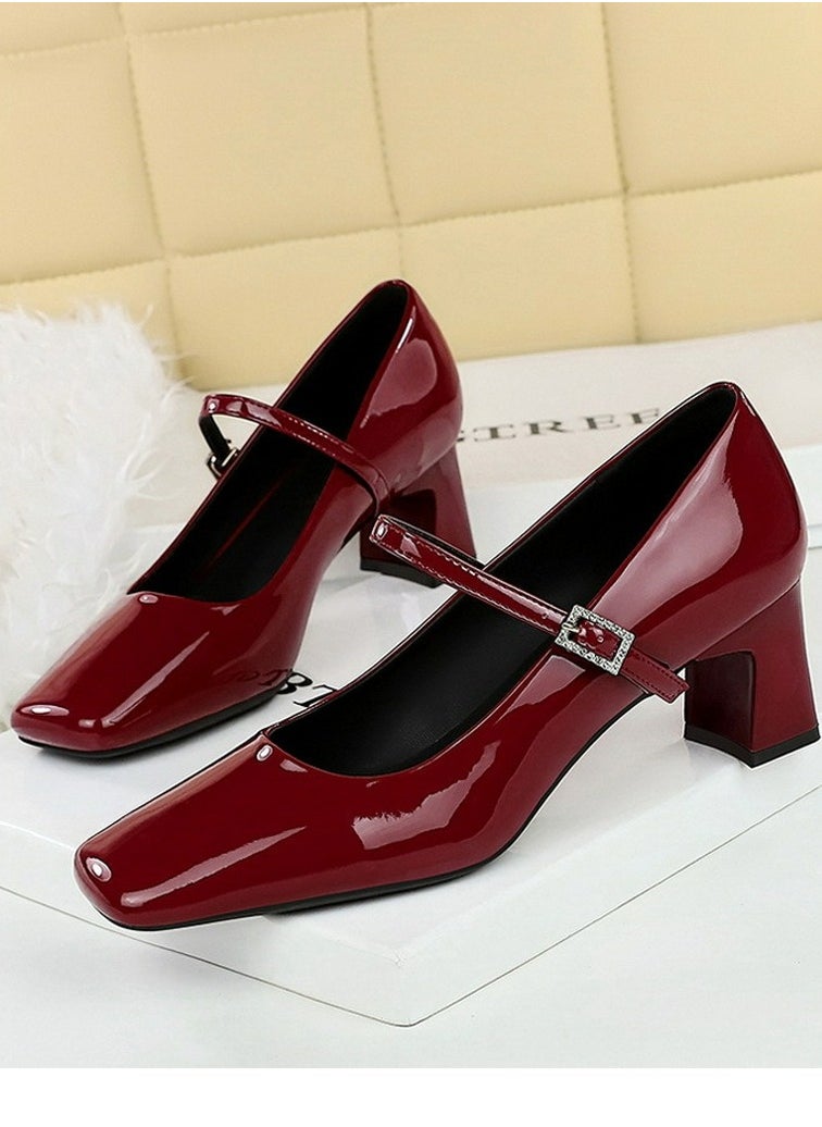 BIGTREE Womens Chunky Mid Heels Square Closed Toe Ankle Strap Pumps Red 5CM  - Image 1