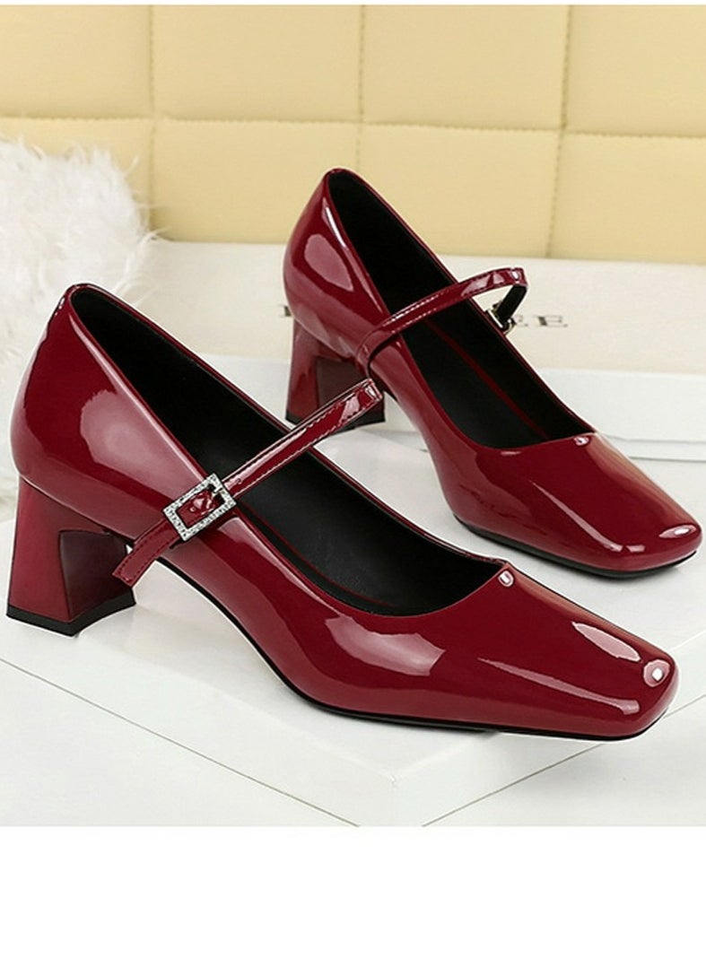 BIGTREE Womens Chunky Mid Heels Square Closed Toe Ankle Strap Pumps Red 5CM  - Image 2