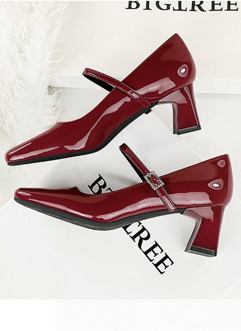 BIGTREE Womens Chunky Mid Heels Square Closed Toe Ankle Strap Pumps Red 5CM  - Image 3