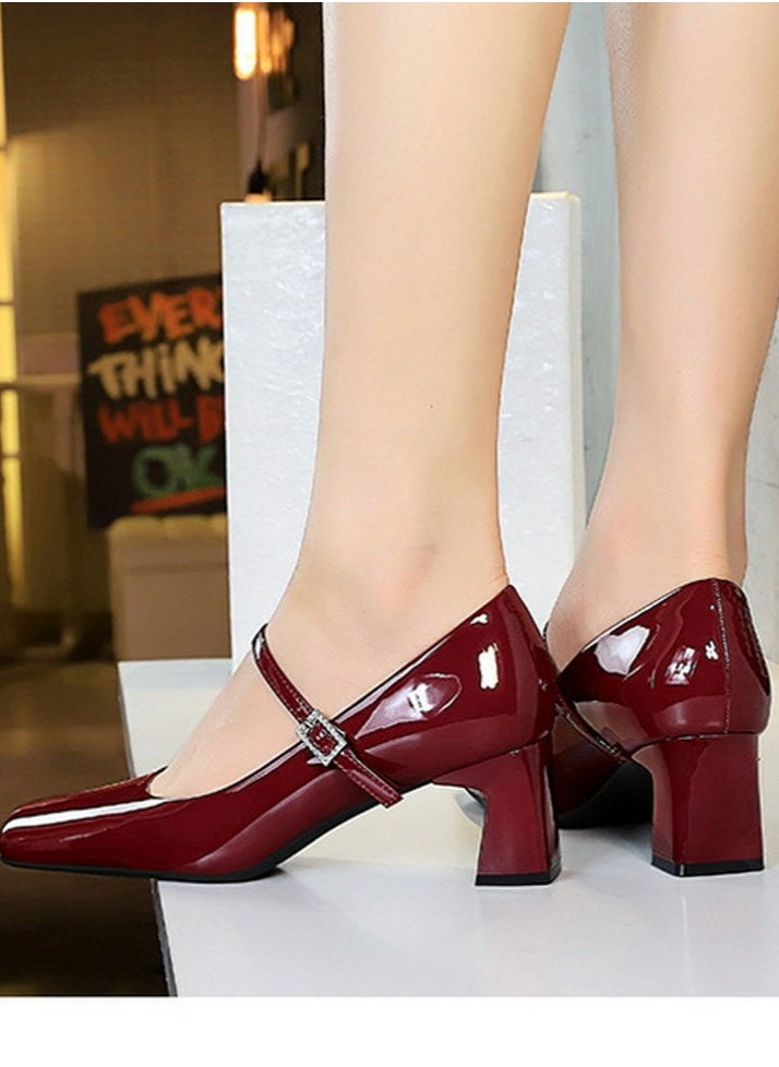 BIGTREE Womens Chunky Mid Heels Square Closed Toe Ankle Strap Pumps Red 5CM  - Image 5