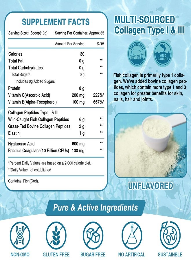NATURE TARGET Marine Collagen Peptides Powder - Type I & III Collagen with Probiotics, Vitamin C & Hyaluronic Acid for Skin, Hair, Nails, Wild-Caught Fish & Grass-Fed Bovine, 35 Servings - Image 2
