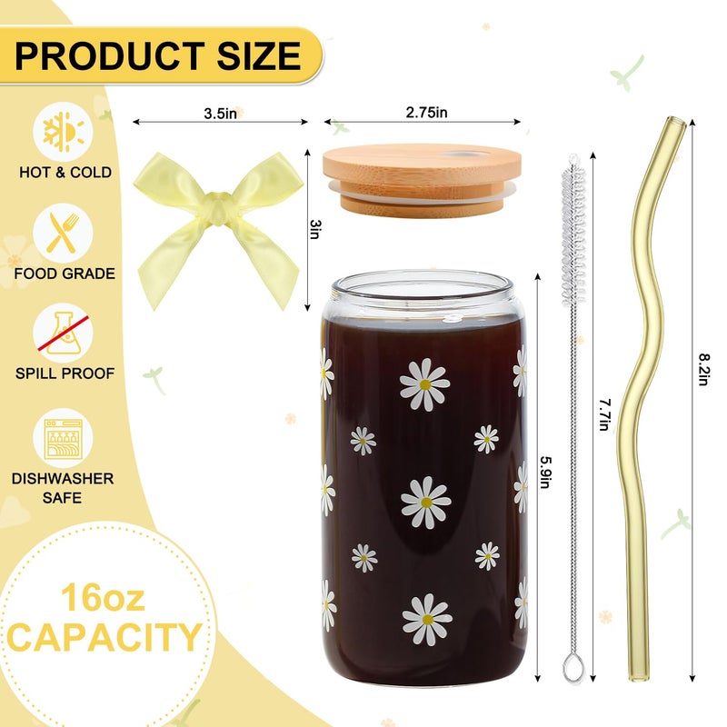KMCCUMBER Cute Glass Cups with Lids and Straws, Teen Girl Birthday Gifts Daisy Iced Coffee Cup, Yellow Aesthetic Mug Tumbler for Birthday Mothers Day Christmas Valentines Coffee Lover 16oz - Image 4