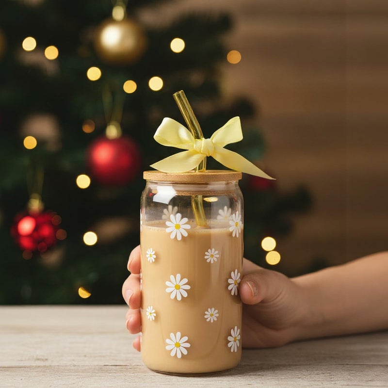 KMCCUMBER Cute Glass Cups with Lids and Straws, Teen Girl Birthday Gifts Daisy Iced Coffee Cup, Yellow Aesthetic Mug Tumbler for Birthday Mothers Day Christmas Valentines Coffee Lover 16oz - Image 3