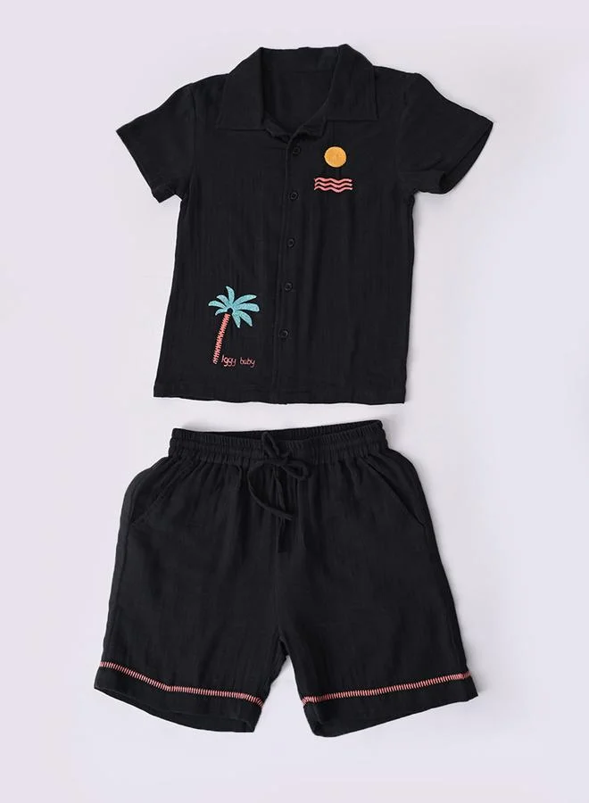 Bella Moda Boys Black Embroidered Short Sleeves Shirt And Shorts Set