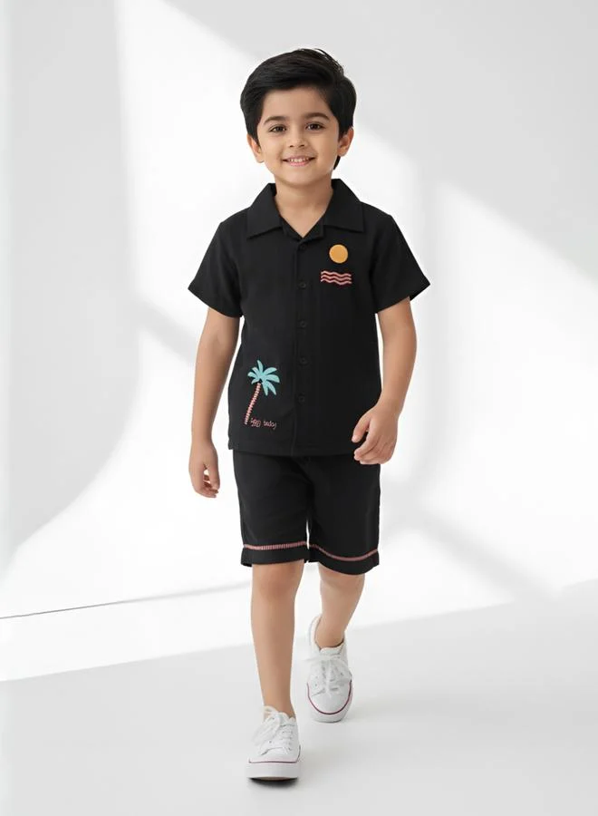 Bella Moda Boys Black Embroidered Short Sleeves Shirt And Shorts Set