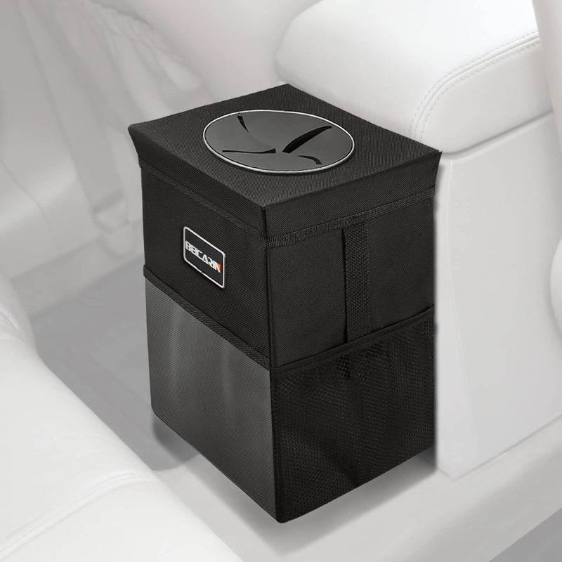 Beicarin Car Trash Can with Lid - Car Trash Bag Hanging with Storage Pockets Collapsible and Portable Car Garbage Bin, Leak-Proof Car Organizer, 1.82 Gallons Multipurpose Trash Bin for Car - Image 1