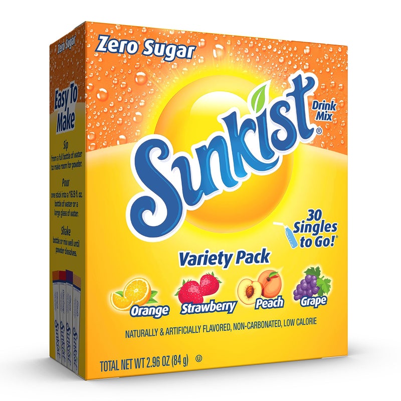 SINGLES TO GO! Sunkist Soda Variety Pack, Singles To Go Orange, Strawberry, Grape and Peach (30 Total Sticks) - Image 1