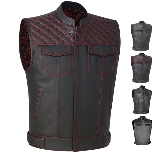 Jackets 4 Bikes SOA Men's Motorcycle Vest, Geniune Buffalo Leather, Back Armor, Inside Pockets, Motorbike Riding Club Vests Paisley Red L - Image 1