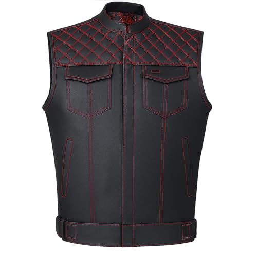 Jackets 4 Bikes SOA Men's Motorcycle Vest, Geniune Buffalo Leather, Back Armor, Inside Pockets, Motorbike Riding Club Vests Paisley Red L - Image 5