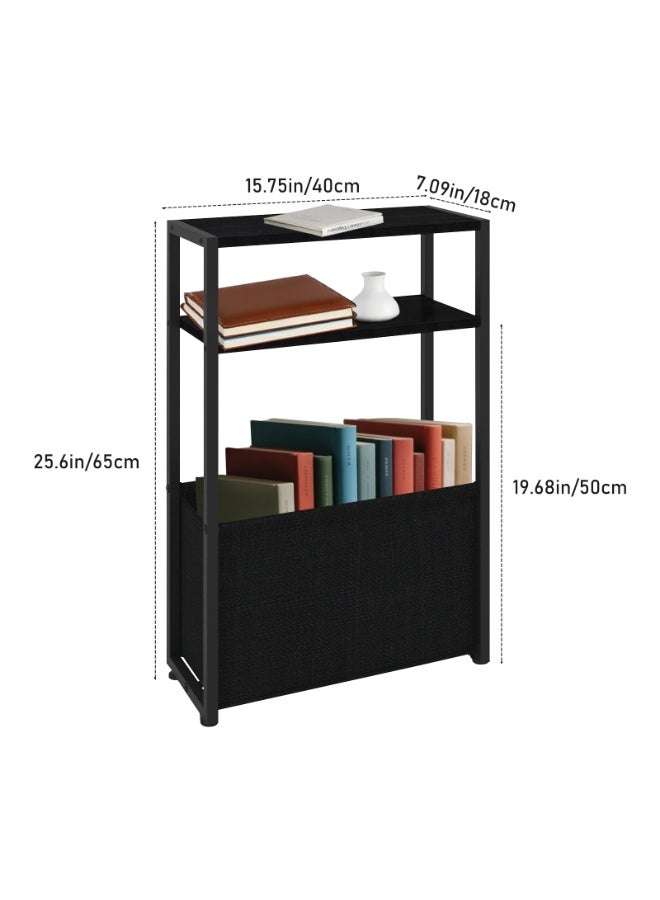 Black Side Table, Narrow End Table for Small Spaces, 3 - Tier Sofa Side Shelf with Magazine Rack, Multifunctional Bedside Table for Living Room/Bedroom - Image 2