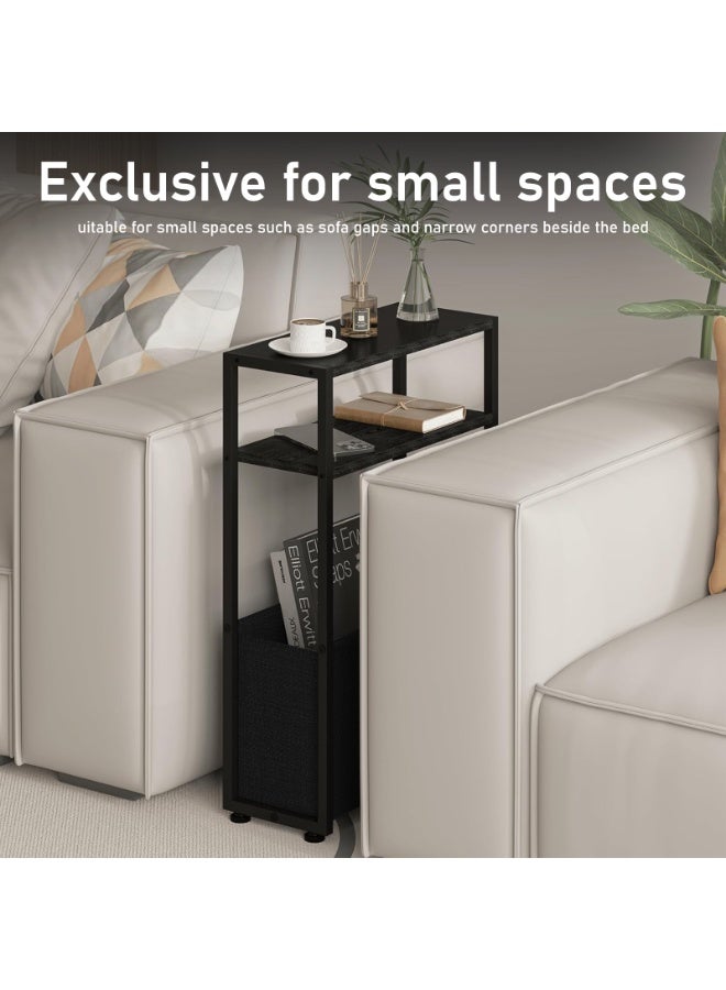 Black Side Table, Narrow End Table for Small Spaces, 3 - Tier Sofa Side Shelf with Magazine Rack, Multifunctional Bedside Table for Living Room/Bedroom - Image 5
