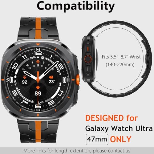 WINGLE Titanium Band for Galaxy Watch Ultra Bands 47mm 2025/2024 Men Rugged Durable Armor Robust Samsung Galaxy Watch Ultra Band Classy Casual Business Metal Bands Butterfly Clasp, Black/Orange - Image 3