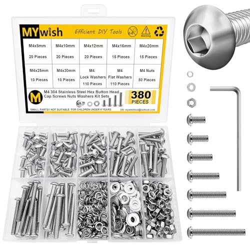Mywish 380 Pcs M4 Screw Nuts and Bolts Assortment Kit, 304 Stainless Steel Button Head Socket Cap Metric Screws Bolts, Spring & Flat Lock Washers/Nuts/Hex Wrenches, M4*8/10/12/16/20/25/30 - Image 1