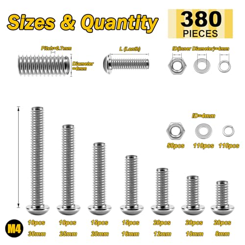 Mywish 380 Pcs M4 Screw Nuts and Bolts Assortment Kit, 304 Stainless Steel Button Head Socket Cap Metric Screws Bolts, Spring & Flat Lock Washers/Nuts/Hex Wrenches, M4*8/10/12/16/20/25/30 - Image 3