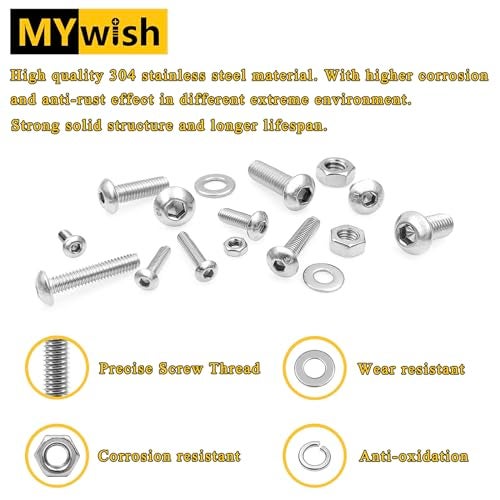 Mywish 380 Pcs M4 Screw Nuts and Bolts Assortment Kit, 304 Stainless Steel Button Head Socket Cap Metric Screws Bolts, Spring & Flat Lock Washers/Nuts/Hex Wrenches, M4*8/10/12/16/20/25/30 - Image 5