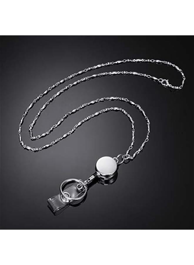 Arabest Women's Stainless Steel Necklace Name Badge Holder Set for Teacher - Retractable Lanyard and 3 Clip Pieces - Silver - 43 Inches  - Image 4